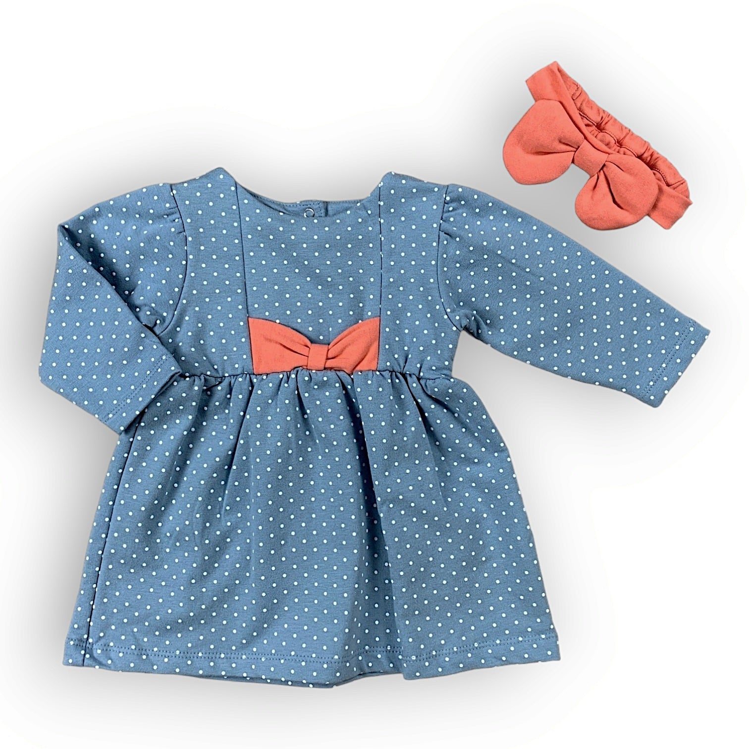 BO252 Organic Cotton Blue Dotted Dress with Headband