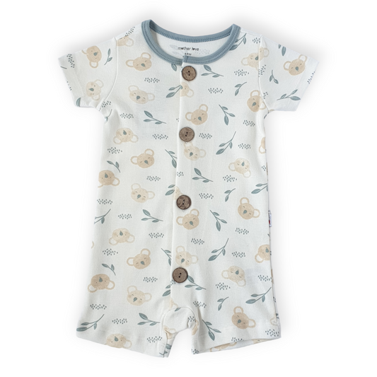 Organic Cotton Koala Short Sleeve Romper-Beige, Blue, Boy, Catboy, Catgirl, Catromper, Catunisex, Girl, Koala, Leaves, Romper, Short sleeve, SS23, White-Mother Love-[Too Twee]-[Tootwee]-[baby]-[newborn]-[clothes]-[essentials]-[toys]-[Lebanon]