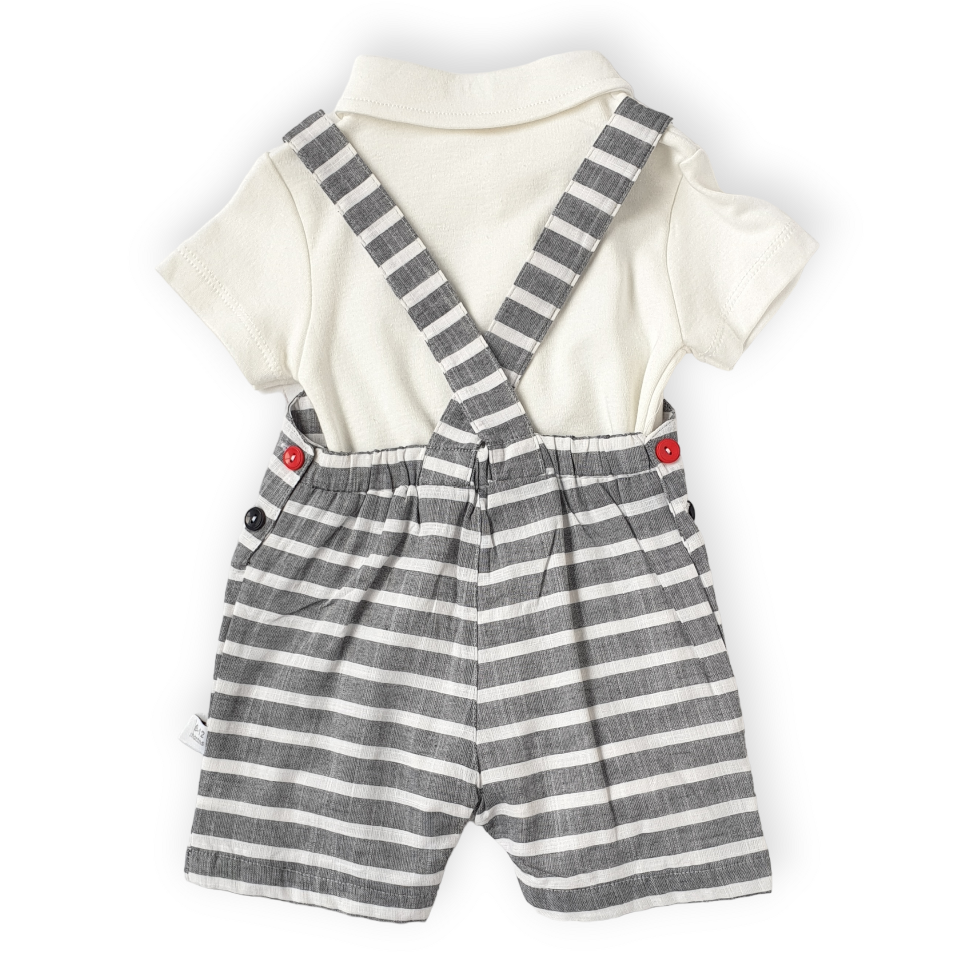 White Body with Striped Grey Salopette Set-Black, Body, Bodysuit, Boy, Catboy, Catgirl, Catromper, Catunisex, Creeper, Girl, Grey, Onesie, Short sleeve, SS23, Striped, White-Veo-[Too Twee]-[Tootwee]-[baby]-[newborn]-[clothes]-[essentials]-[toys]-[Lebanon]