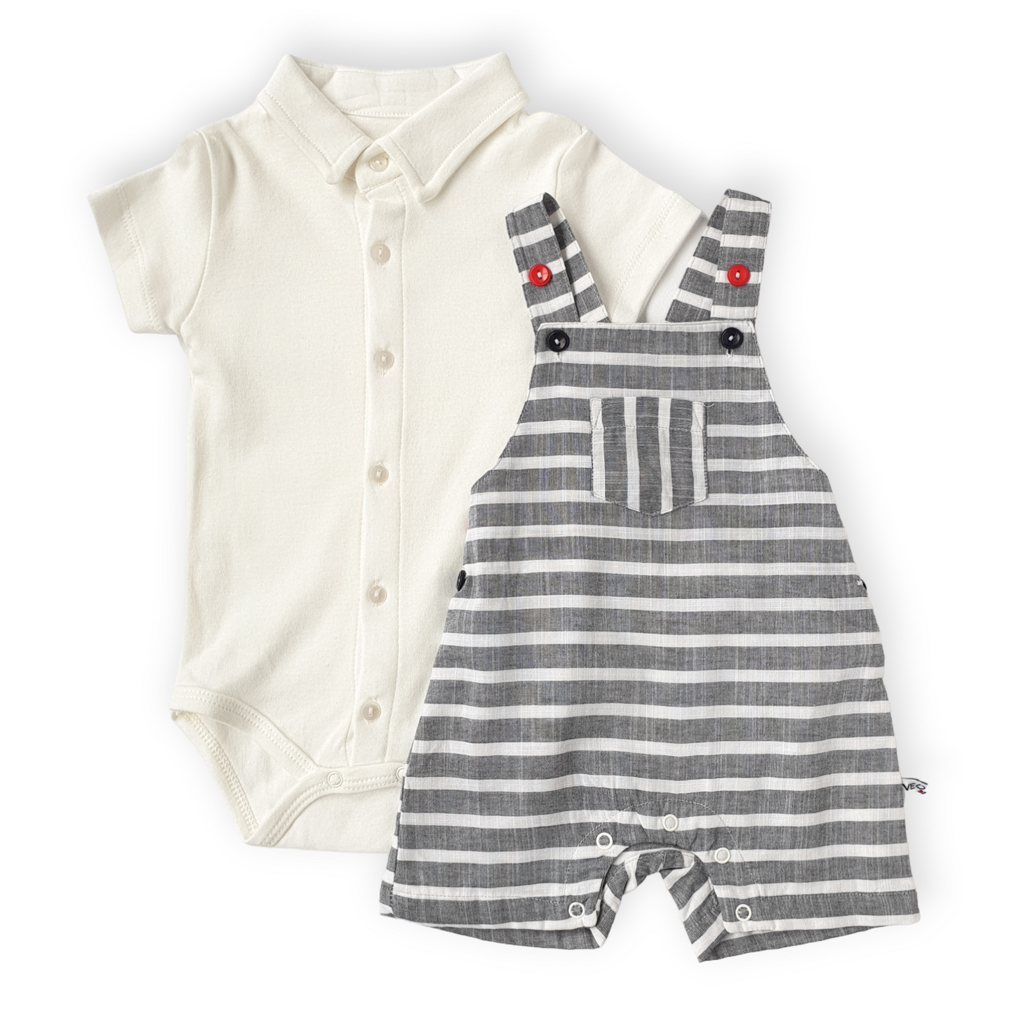 White Body with Striped Grey Salopette Set-Black, Body, Bodysuit, Boy, Catboy, Catgirl, Catromper, Catunisex, Creeper, Girl, Grey, Onesie, Short sleeve, SS23, Striped, White-Veo-[Too Twee]-[Tootwee]-[baby]-[newborn]-[clothes]-[essentials]-[toys]-[Lebanon]