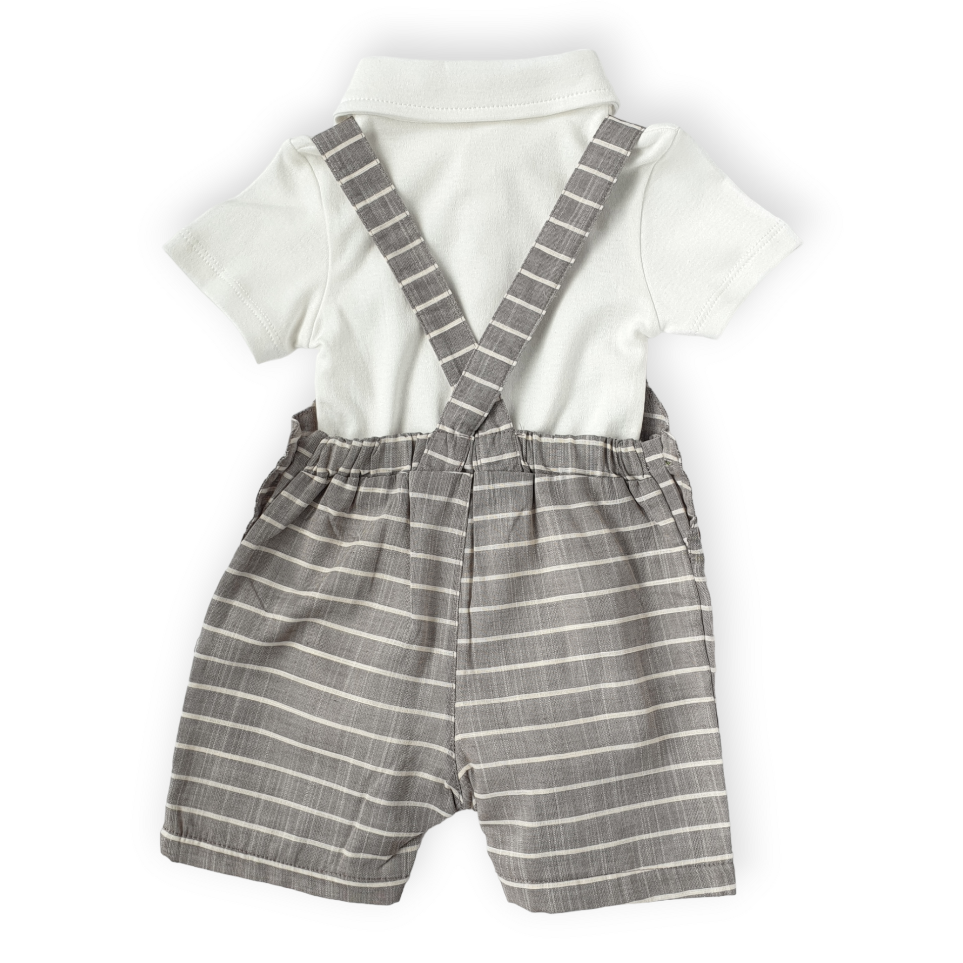 White Body with Striped Light Brown Salopette Set-Black, Body, Bodysuit, Boy, Catboy, Catgirl, Catromper, Catunisex, Creeper, Girl, Grey, Onesie, Short sleeve, SS23, Striped, White-Veo-[Too Twee]-[Tootwee]-[baby]-[newborn]-[clothes]-[essentials]-[toys]-[Lebanon]