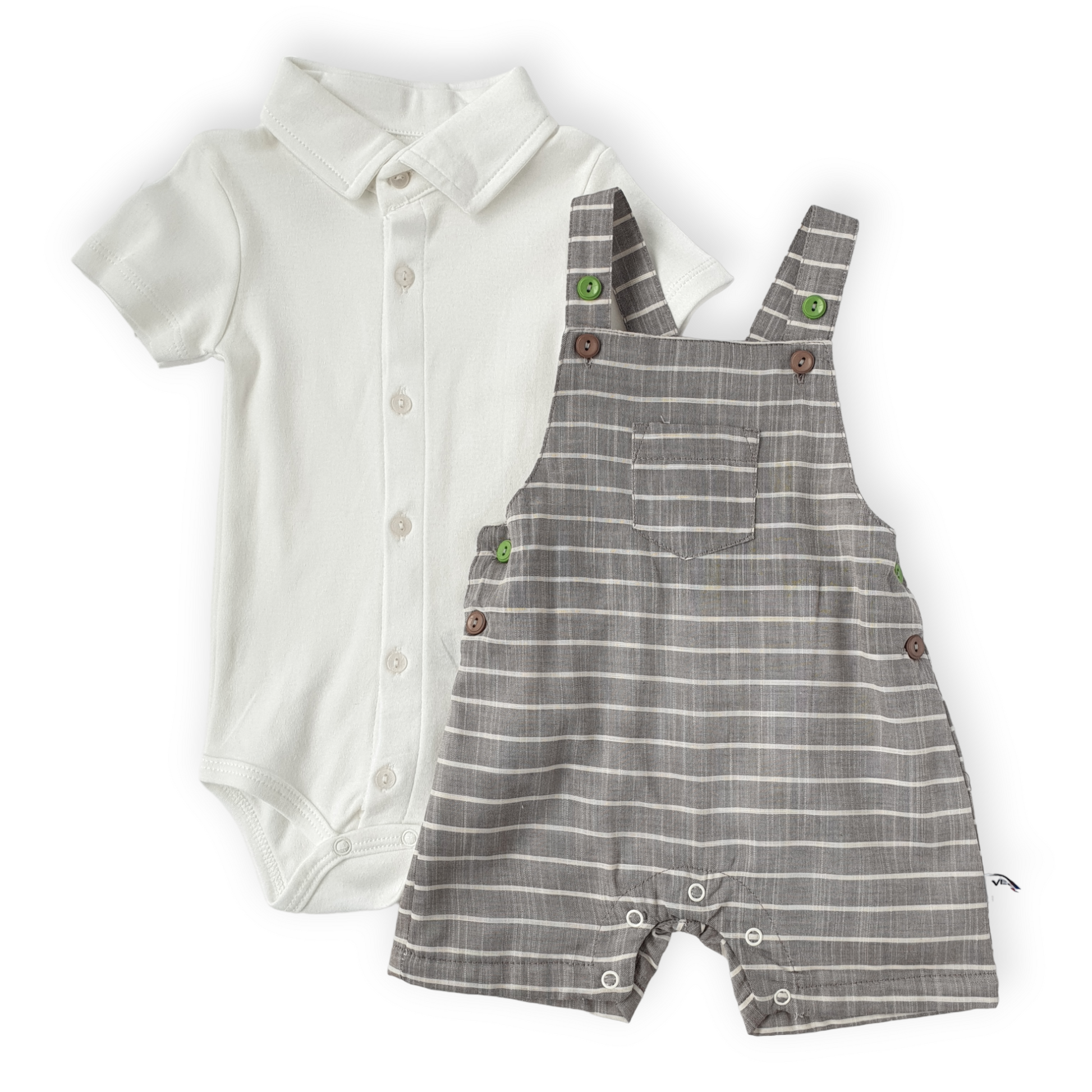 White Body with Striped Light Brown Salopette Set-Black, Body, Bodysuit, Boy, Catboy, Catgirl, Catromper, Catunisex, Creeper, Girl, Grey, Onesie, Short sleeve, SS23, Striped, White-Veo-[Too Twee]-[Tootwee]-[baby]-[newborn]-[clothes]-[essentials]-[toys]-[Lebanon]